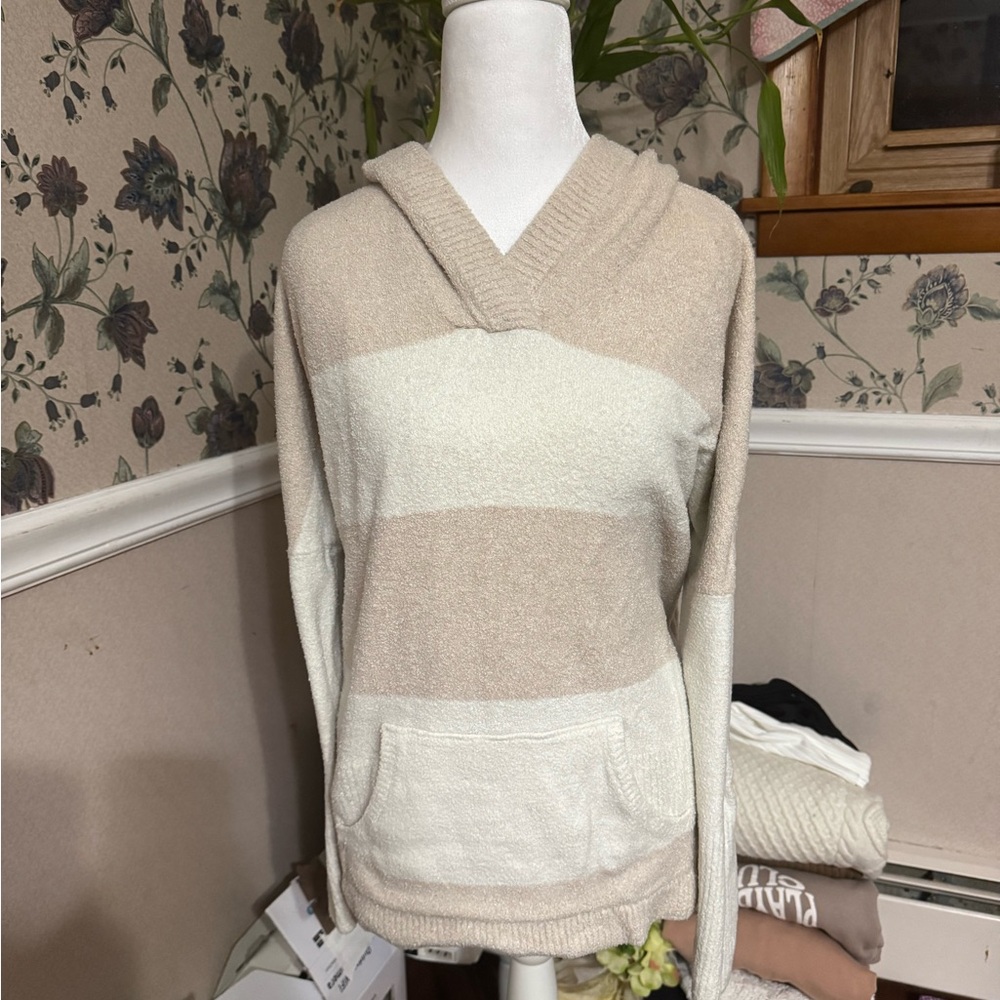 Cozy Cream & Beige Striped Hooded Women's Sweater